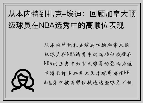 从本内特到扎克-埃迪：回顾加拿大顶级球员在NBA选秀中的高顺位表现