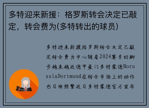 多特迎来新援：格罗斯转会决定已敲定，转会费为(多特转出的球员)