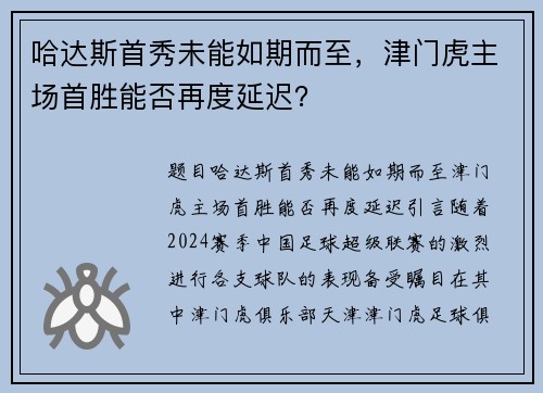 哈达斯首秀未能如期而至，津门虎主场首胜能否再度延迟？