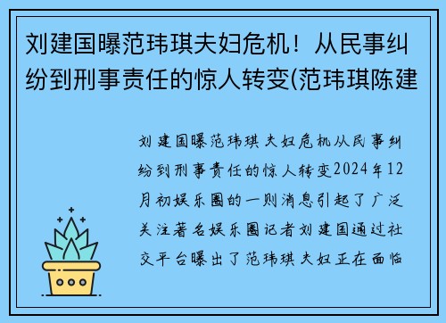 刘建国曝范玮琪夫妇危机！从民事纠纷到刑事责任的惊人转变(范玮琪陈建州婚纱照)