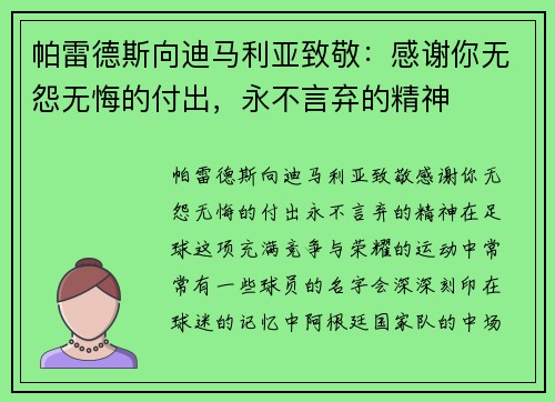 帕雷德斯向迪马利亚致敬：感谢你无怨无悔的付出，永不言弃的精神