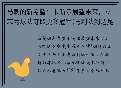 马刺的新希望：卡斯尔展望未来，立志为球队夺取更多冠军(马刺队到达足总杯第四轮)