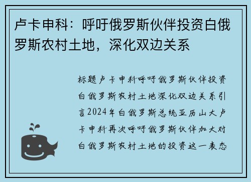 卢卡申科：呼吁俄罗斯伙伴投资白俄罗斯农村土地，深化双边关系